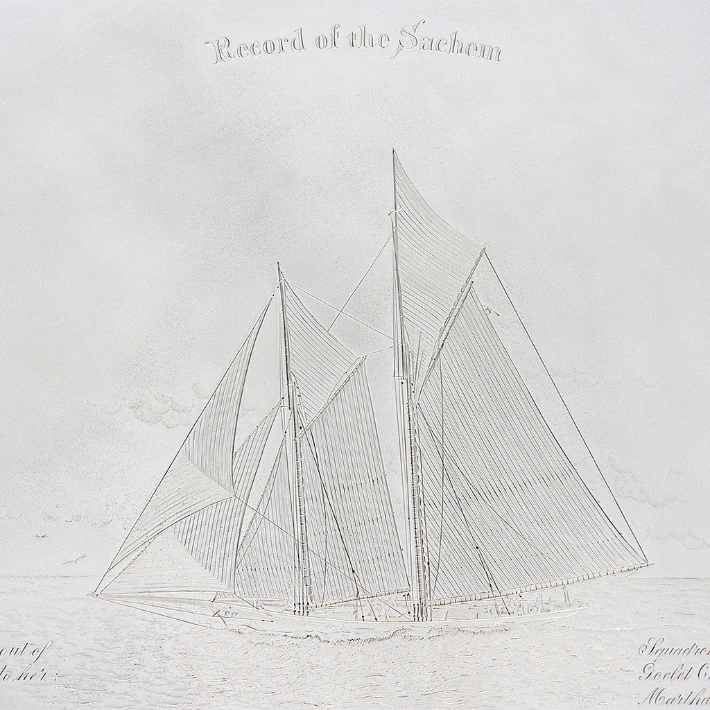 Engraving on Gorham Special Order Sterling and Mixed Metals Yacht Commemorative 'Fancy Waiter' or Tray, Providence, RI, 1889 - Record of the Sachem