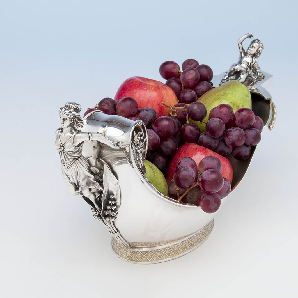 Angled view Wood &amp; Hughes Antique Sterling Silver Figural Centerpiece Bowl, New York City, c. 1870