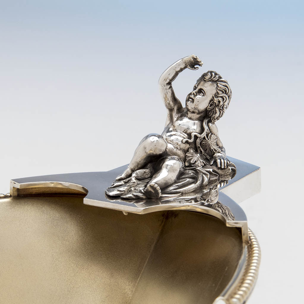 Putti on Wood &amp; Hughes Antique Sterling Silver Figural Centerpiece Bowl, New York City, c. 1870