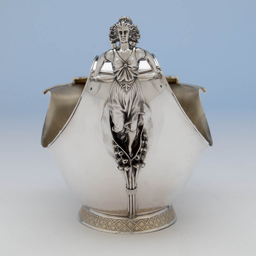 Rear view Wood &amp; Hughes Antique Sterling Silver Figural Centerpiece Bowl, New York City, c. 1870