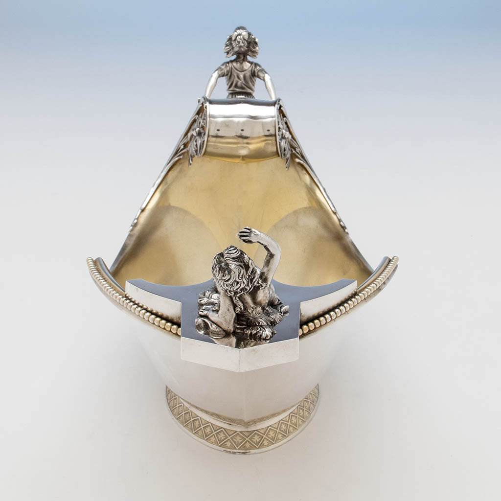 Front view of Wood &amp; Hughes Antique Sterling Silver Figural Centerpiece Bowl, New York City, c. 1870