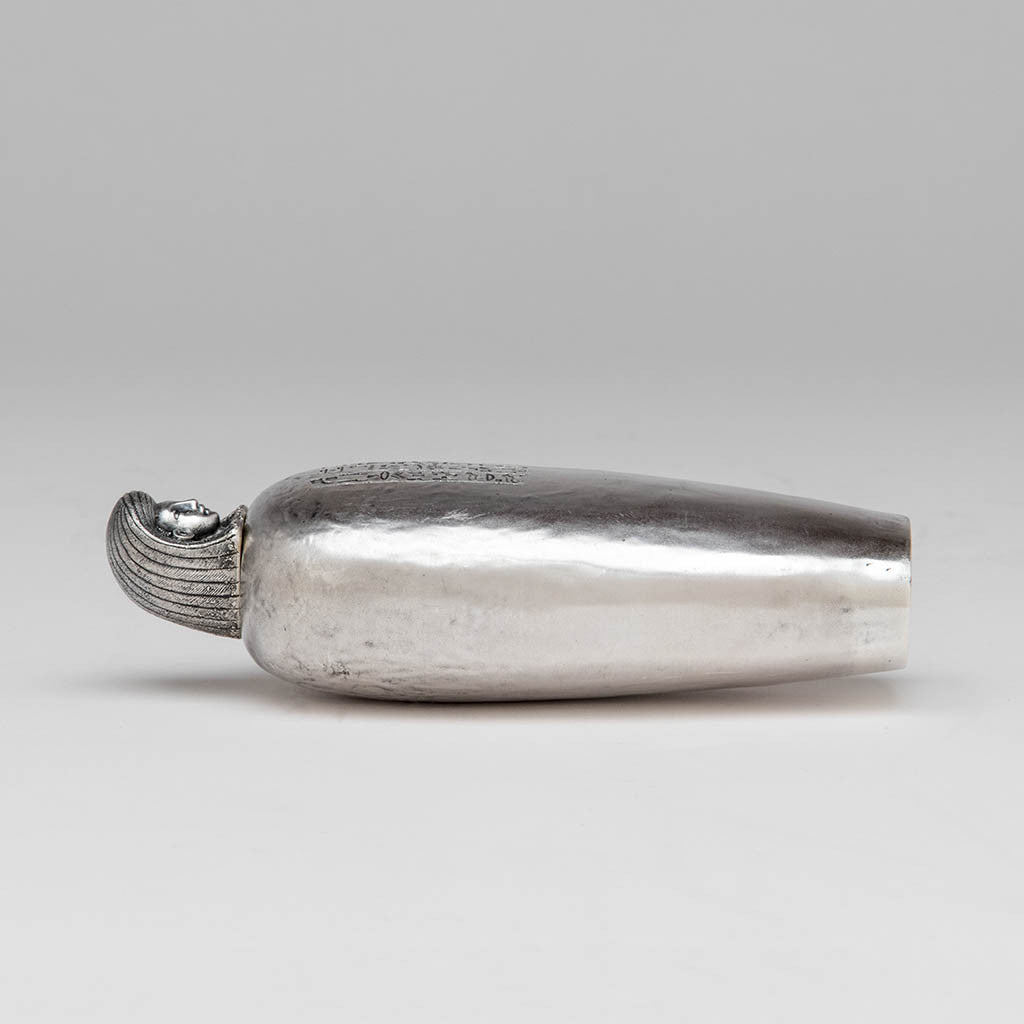 Side view of Gorham Antique Sterling Silver &#39;Liquor Flask&#39; in the form of a Canopic Jar, Providence, RI, 1884
