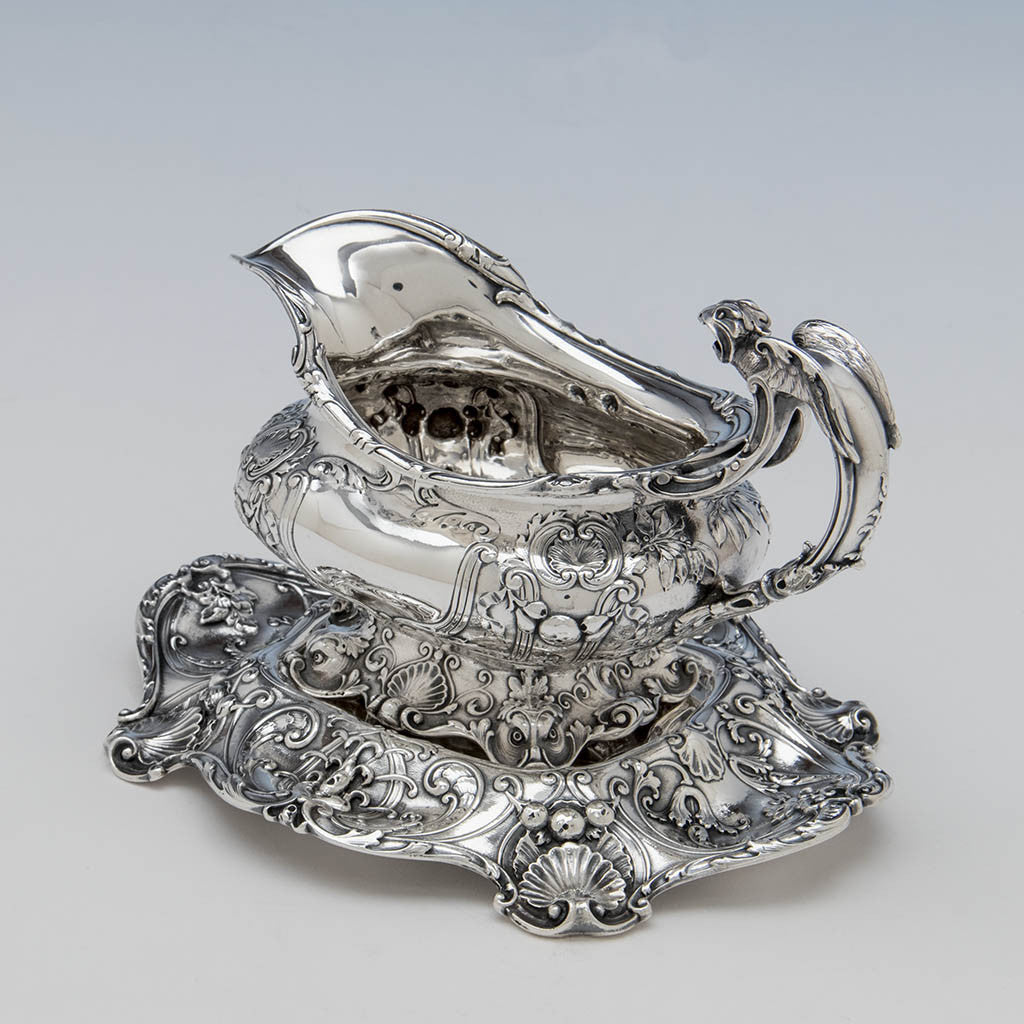 Angle view Gorham Special Order Antique Sterling Silver Sauce Boat with Stand, Providence, RI, 1910