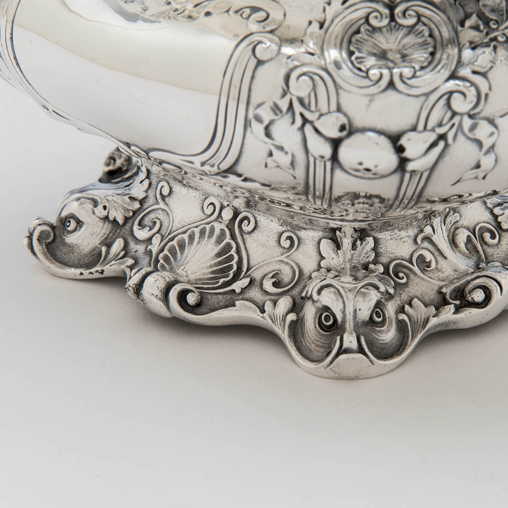 Dolphins on foot of Gorham Special Order Antique Sterling Silver Sauce Boat with Stand, Providence, RI, 1910