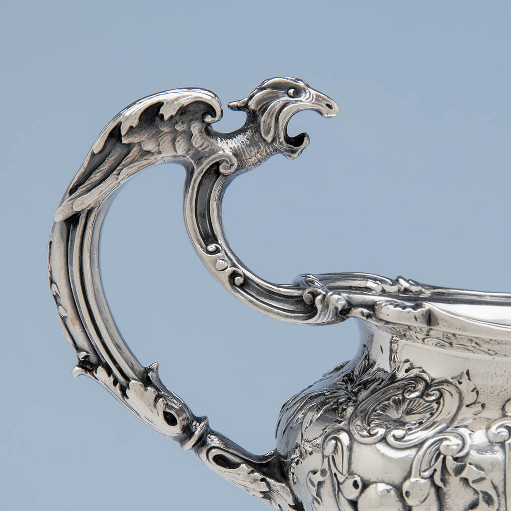 Handle detail Gorham Special Order Antique Sterling Silver Sauce Boat with Stand, Providence, RI, 1910