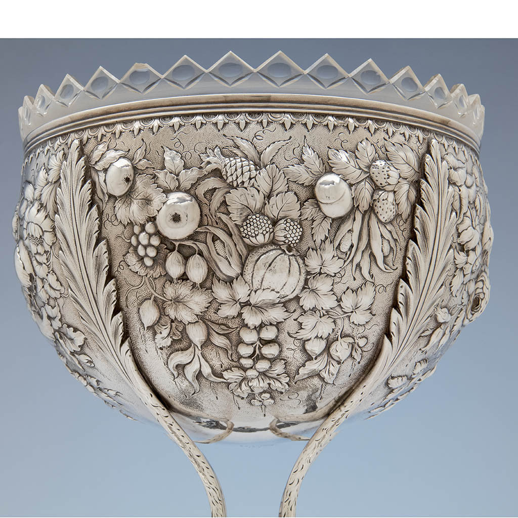 Fruit and chip on glass of S. Kirk &amp; Son Rare  11oz Silver Fruit Stand or Centerpiece Bowl, Baltimore, MD, c. 1880