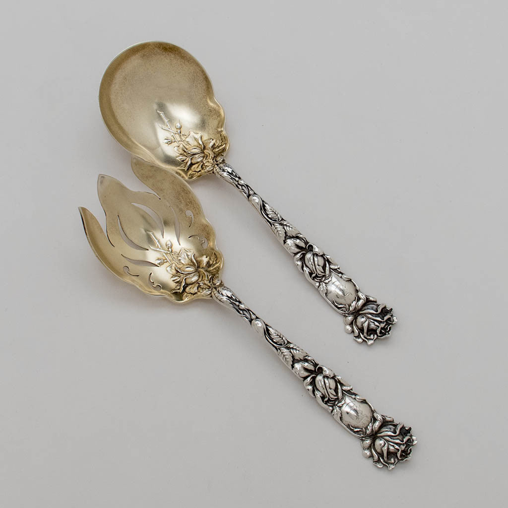 Alvin Antique Sterling Silver 'Bridal Rose' Pattern Salad Servers, Providence, RI, c. 1905