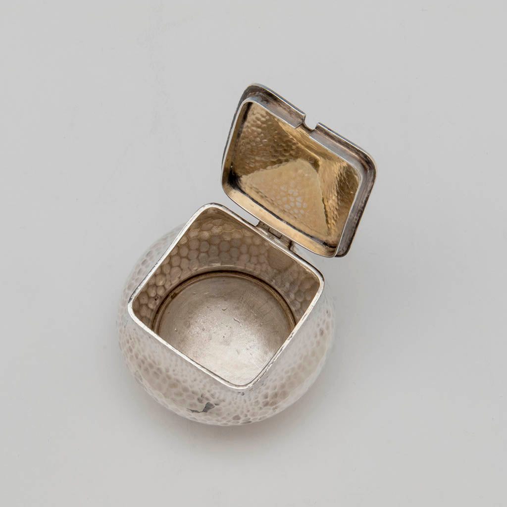 Interior of Dominick &amp; Haff Antique Sterling Silver Covered Mustard Pot, NYC, 1883