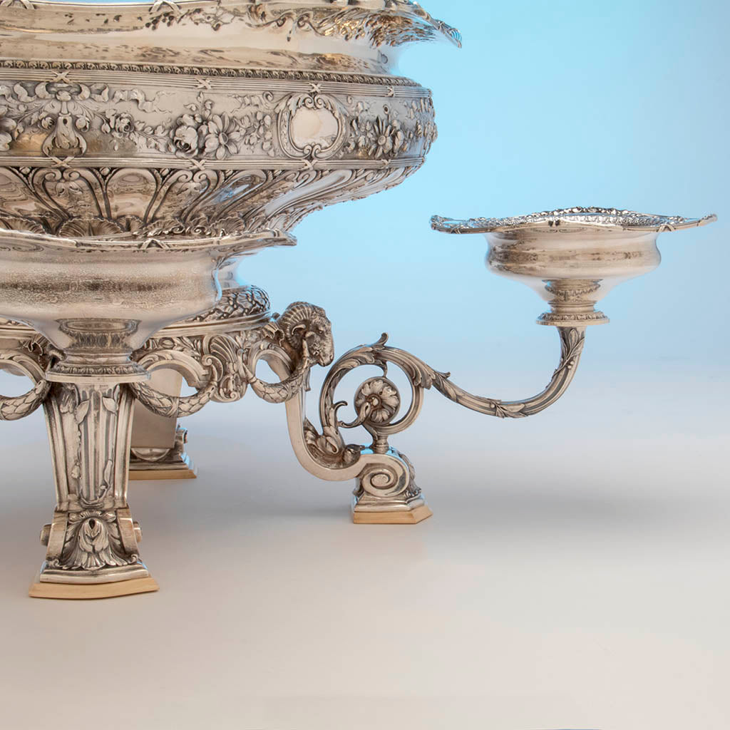 Base detail of Gorham Rare &#39;Sample&#39; Massive Antique Sterling Silver &#39;Louis XVI&#39; Centerpiece, Providence, RI, c. 1910