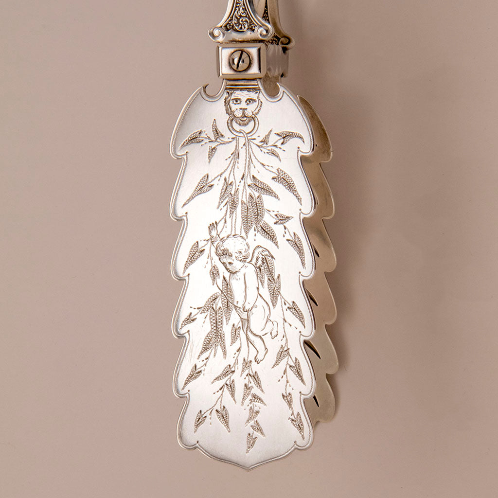 Engraving on John Wendt &#39;Florentine&#39; Pattern Antique Sterling Asparagus Serving Tongs, NYC, c. 1870s
