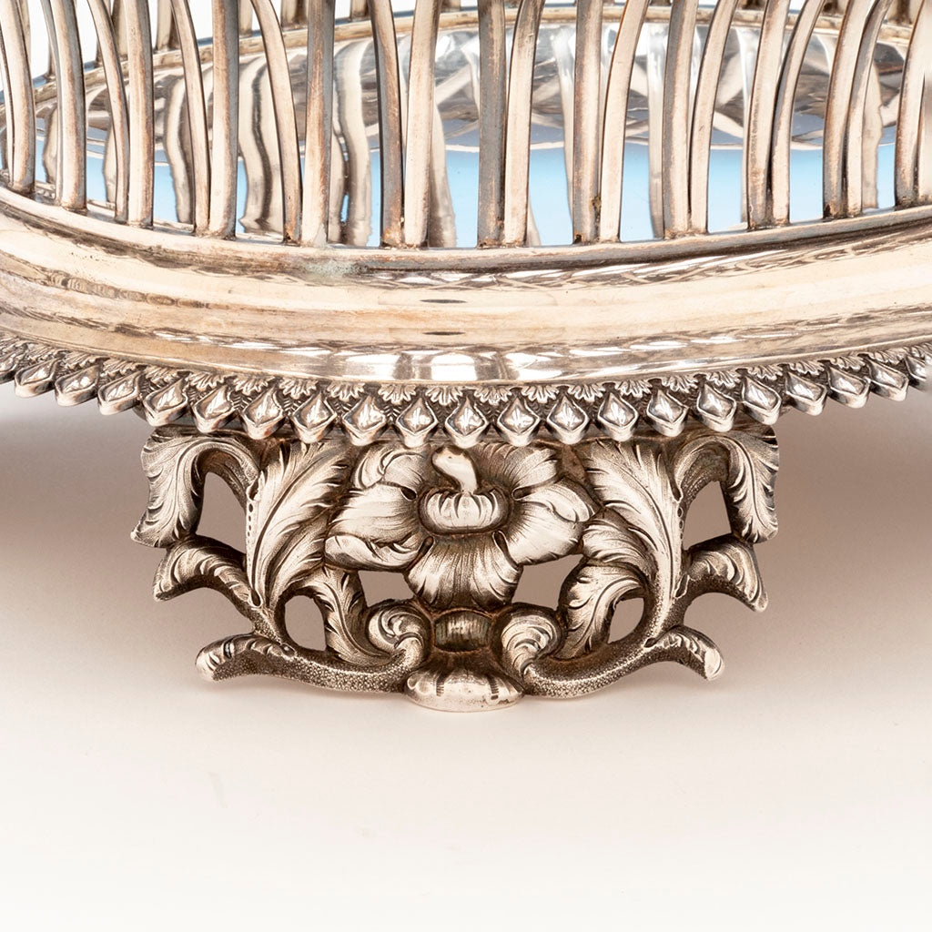 Foot detail of Gale, Wood and Hughes Antique Coin Silver Footed Basket, NYC,. NY, 1833-45