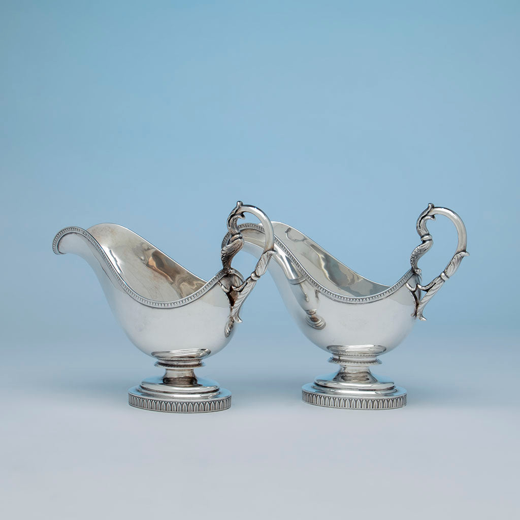Angle view of Marquand and Co. Pair of Antique Coin Silver Gravy Boats, NYC, NY, 1833-39