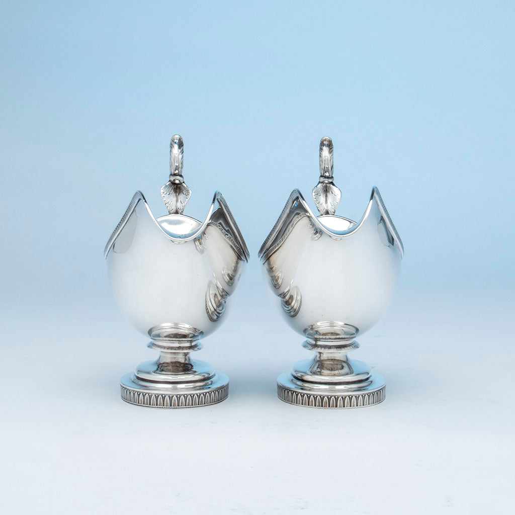 Fronts of Marquand and Co. Pair of Antique Coin Silver Gravy Boats, NYC, NY, 1833-39