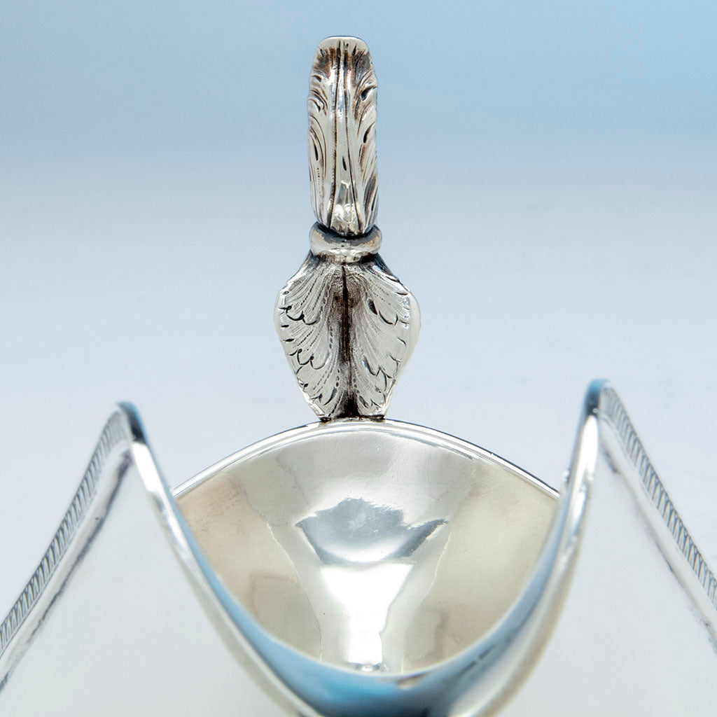 Front of handle to Marquand and Co. Pair of Antique Coin Silver Gravy Boats, NYC, NY, 1833-39