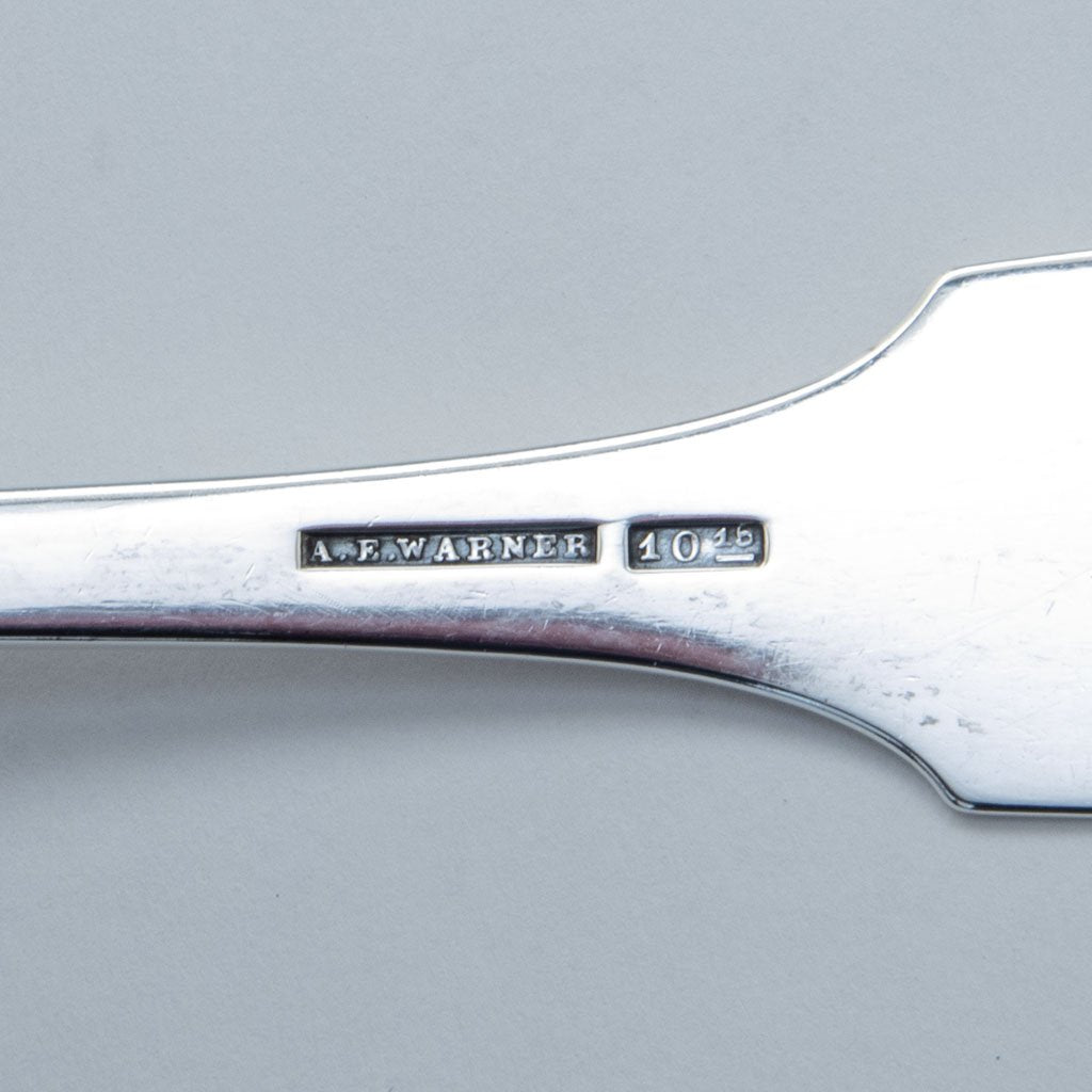 Marks on A. E. Warner Antique American Silver Soup Ladle, Baltimore, MD, c. 1840
