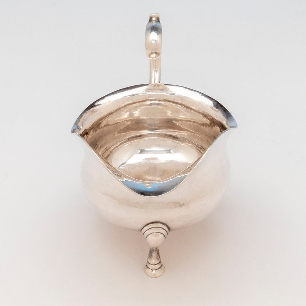 Front view of Gebelein Arts &amp; Crafts Sterling Silver Large Gravy Boat, Boston, MA, c. 1945
