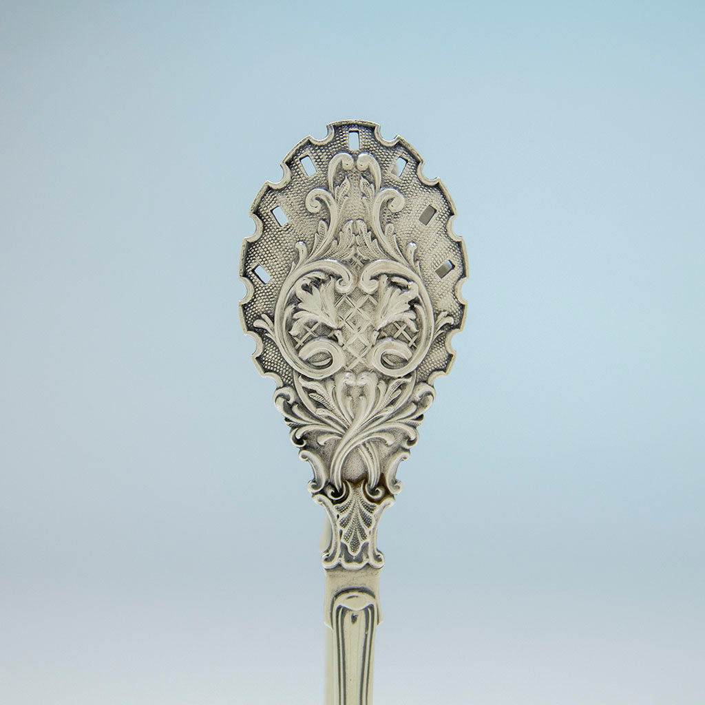Outside bowl of Bailey &amp; Co. Antique &#39;King&#39; Pattern Coin Silver Ice Tongs, Philadelphia, PA, c. 1865