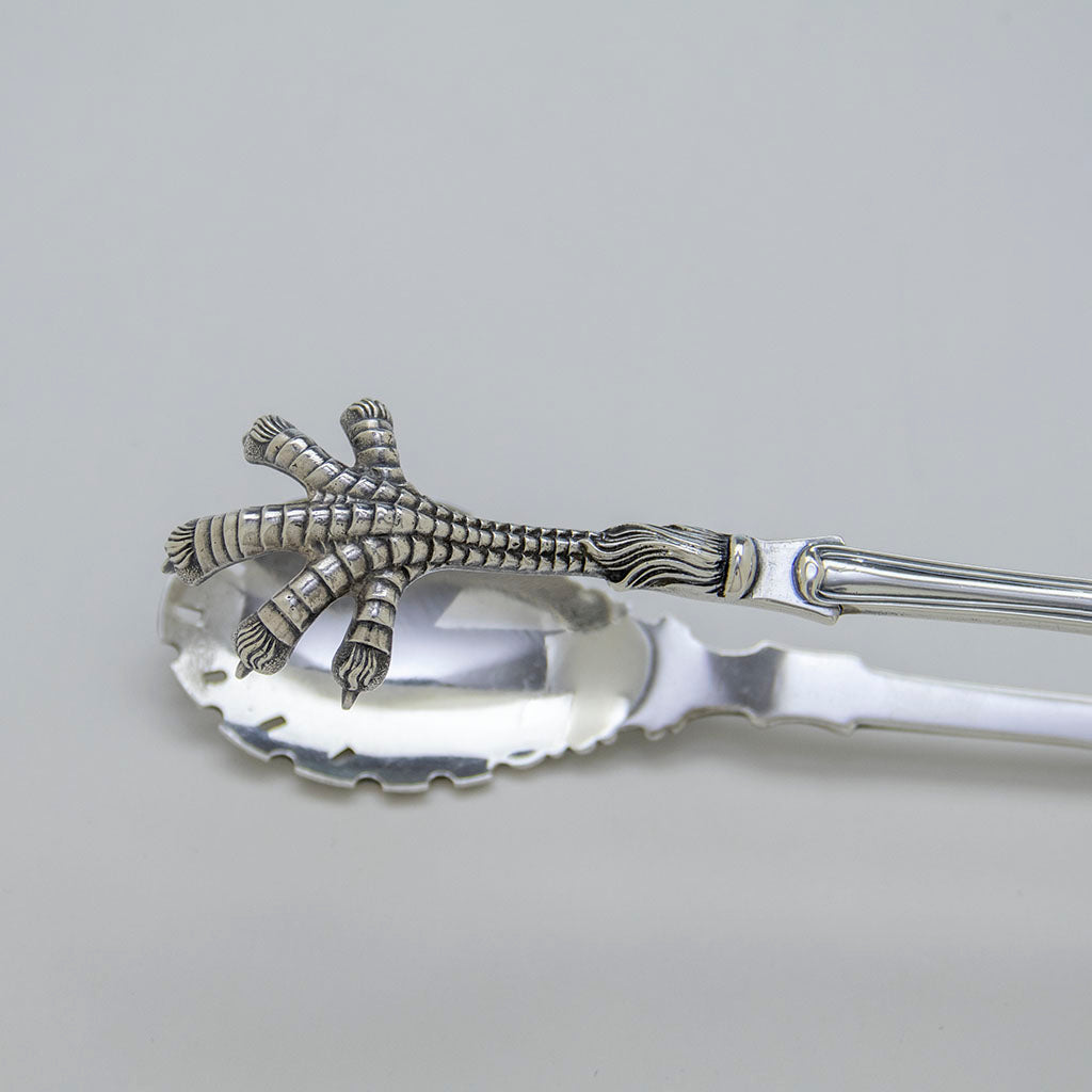 Claws of Bailey &amp; Co. Antique &#39;King&#39; Pattern Coin Silver Ice Tongs, Philadelphia, PA, c. 1865