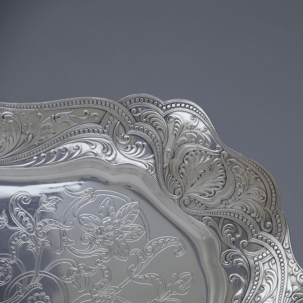 CORNER OF Gorham Antique Sterling Indo-Persian Style Silver Tray, Providence, RI, 1896