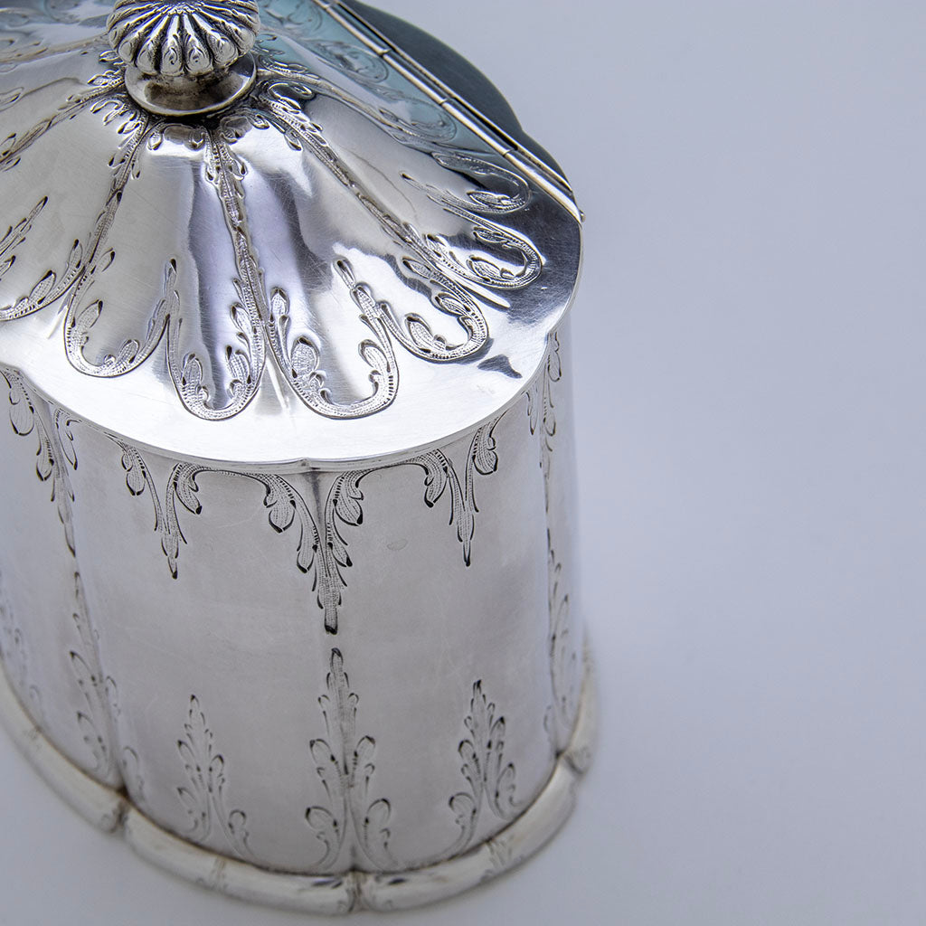 Silver bumb on cover to Rogers &amp; Wendt Antique Coin Silver Tea Caddy, Boston, MA, 1854-59