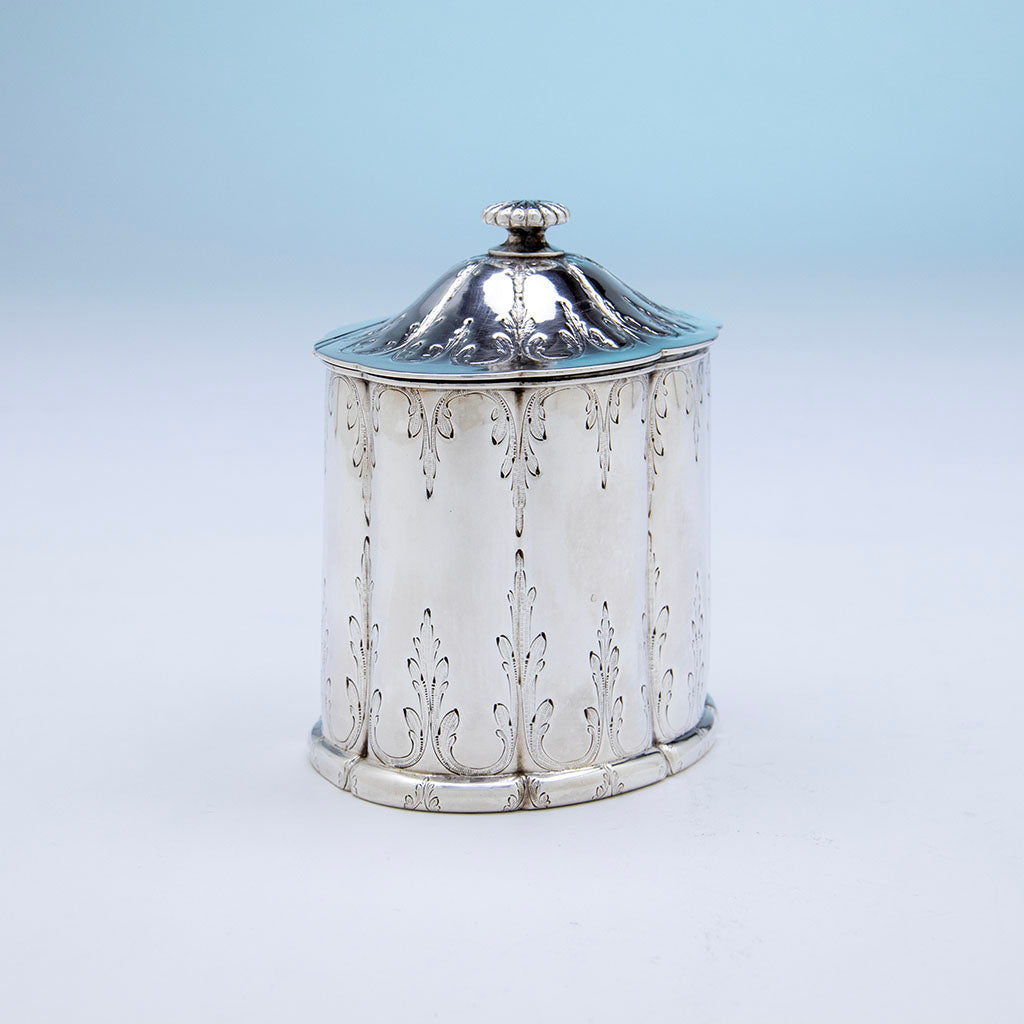 Side of Rogers &amp; Wendt Antique Coin Silver Tea Caddy, Boston, MA, 1854-59