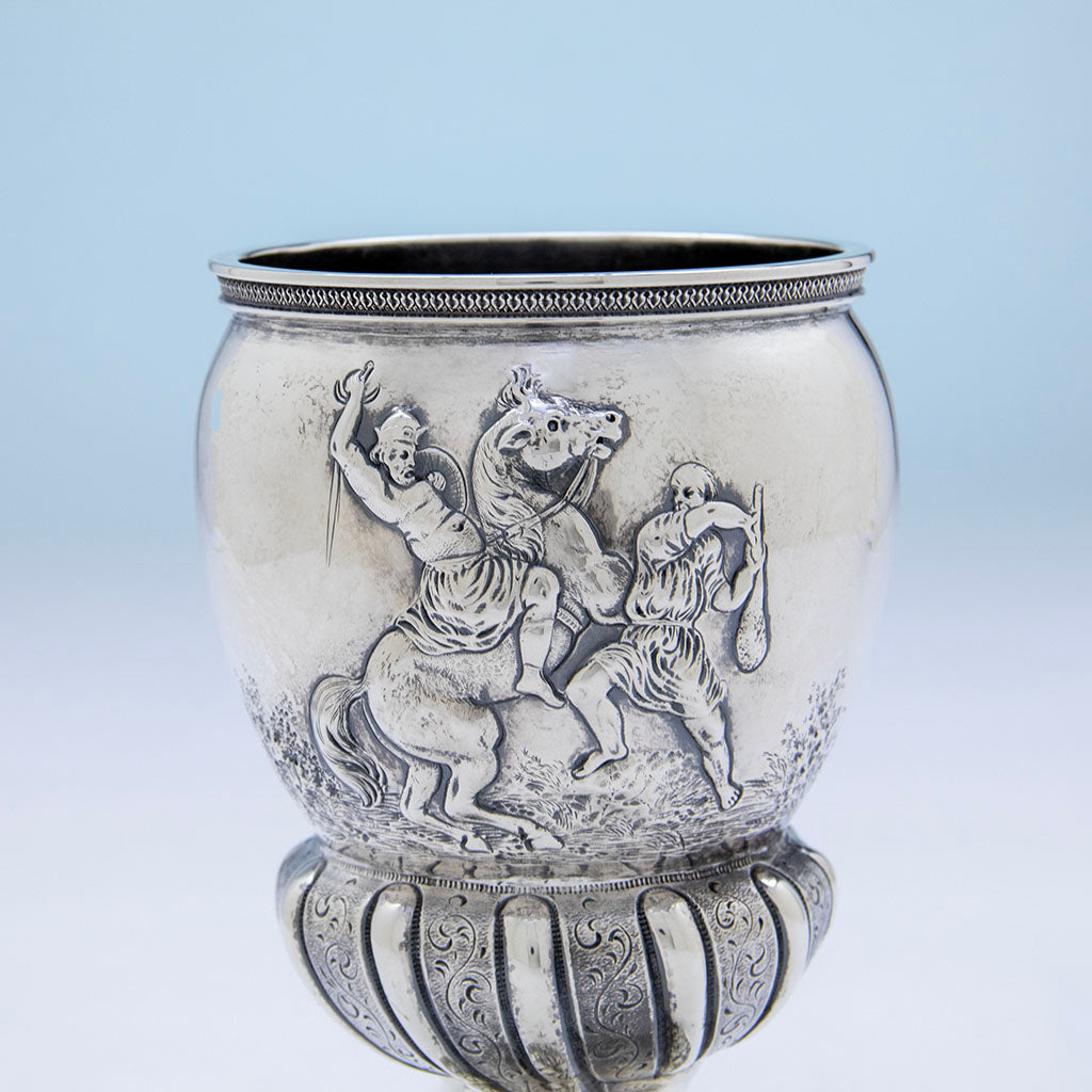 Battle scene of Adolphe Himmel Coin Silver &#39;Hook &amp; Ladder Co 1&#39; Presentation Trophy Goblet, New Orleans, LA, 1857