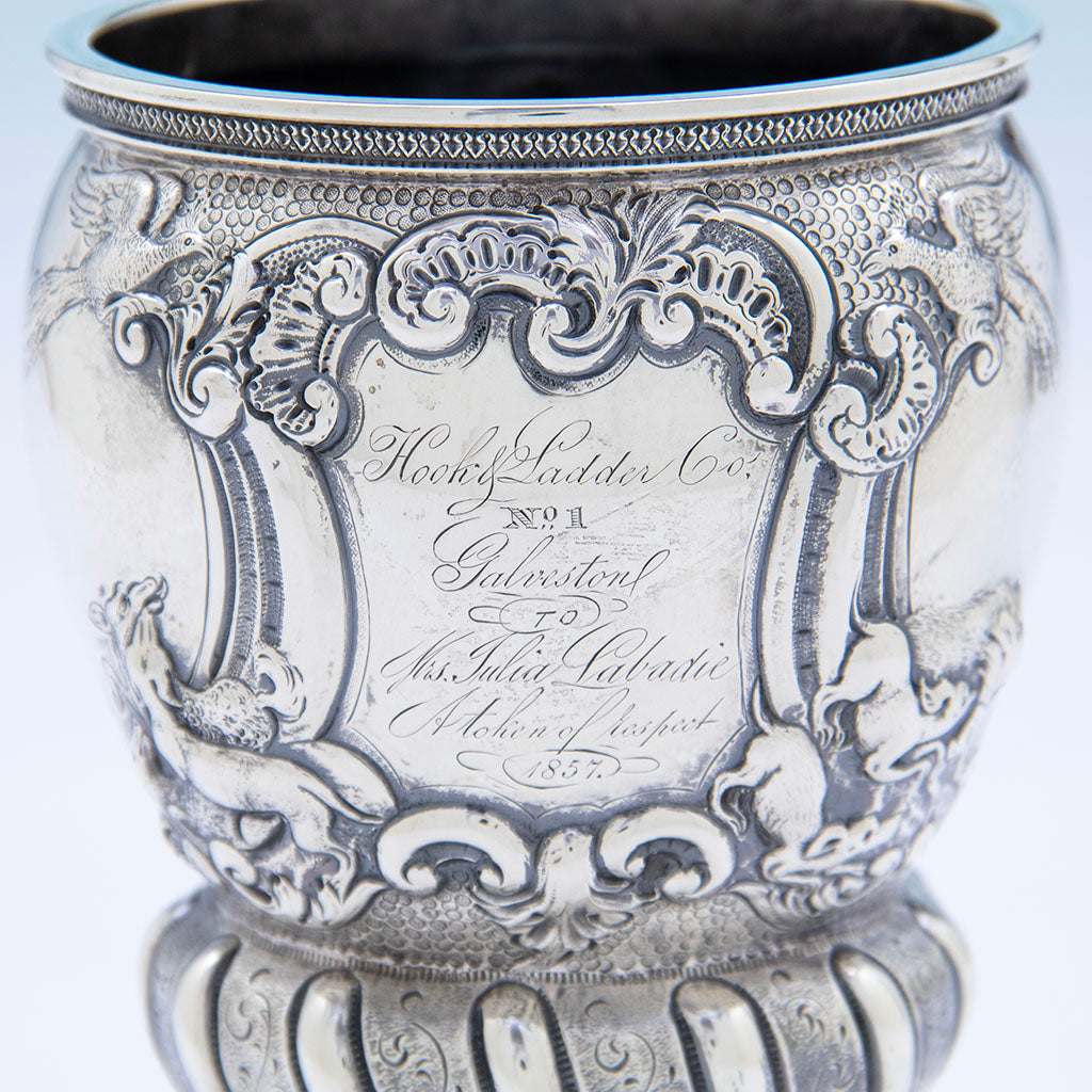 Presentation on Adolphe Himmel Coin Silver &#39;Hook &amp; Ladder Co 1&#39; Presentation Trophy Goblet, New Orleans, LA, 1857