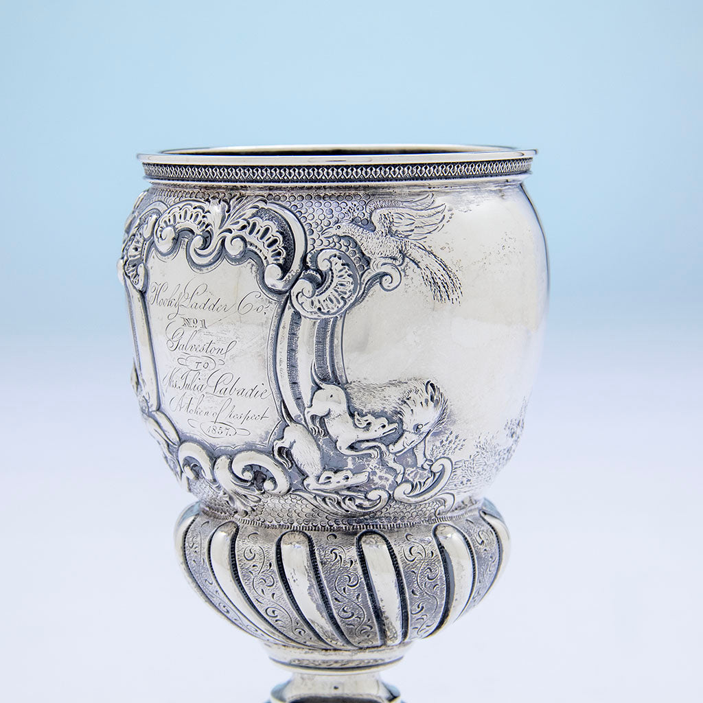 Shield right of Adolphe Himmel Coin Silver &#39;Hook &amp; Ladder Co 1&#39; Presentation Trophy Goblet, New Orleans, LA, 1857