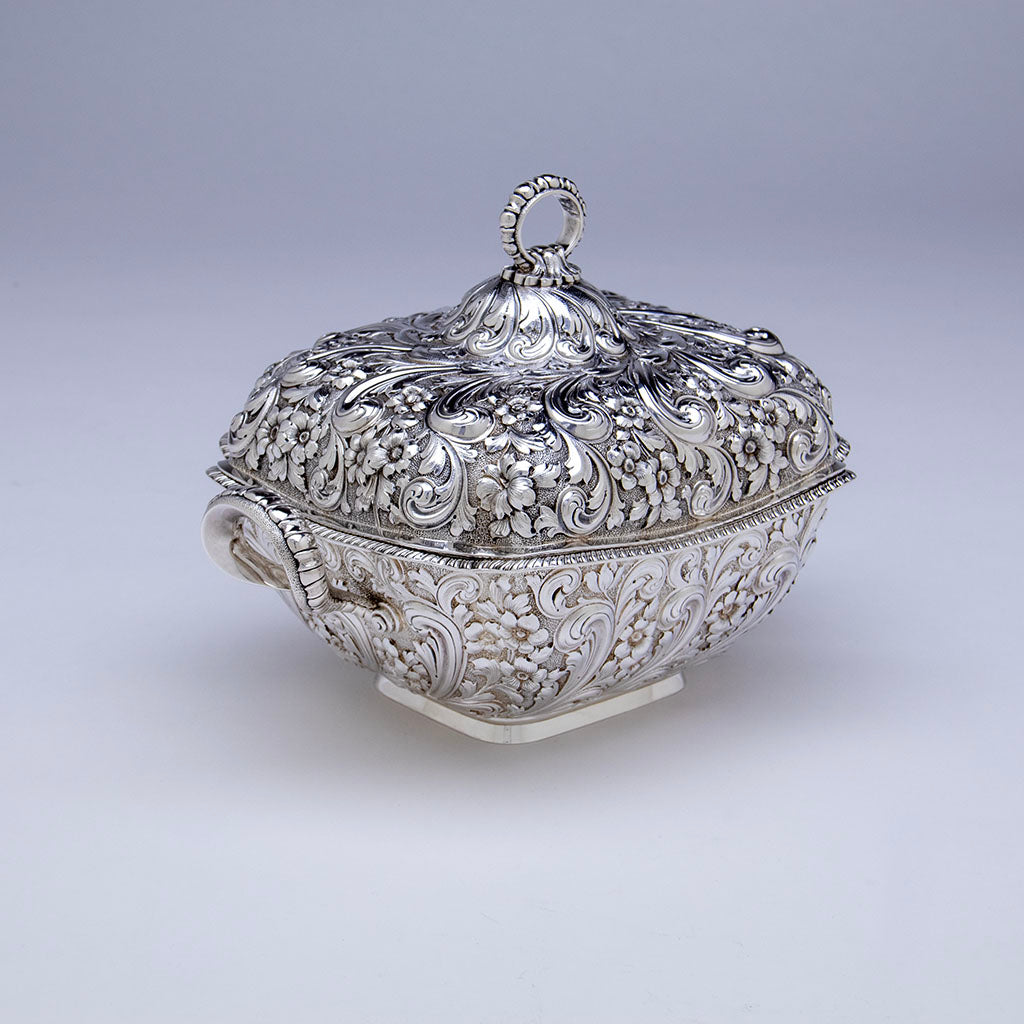 Angle view of Dominick &amp; Haff(attr) Antique Sterling Silver Repousse Tureen, NYC, NY, c. 1884
