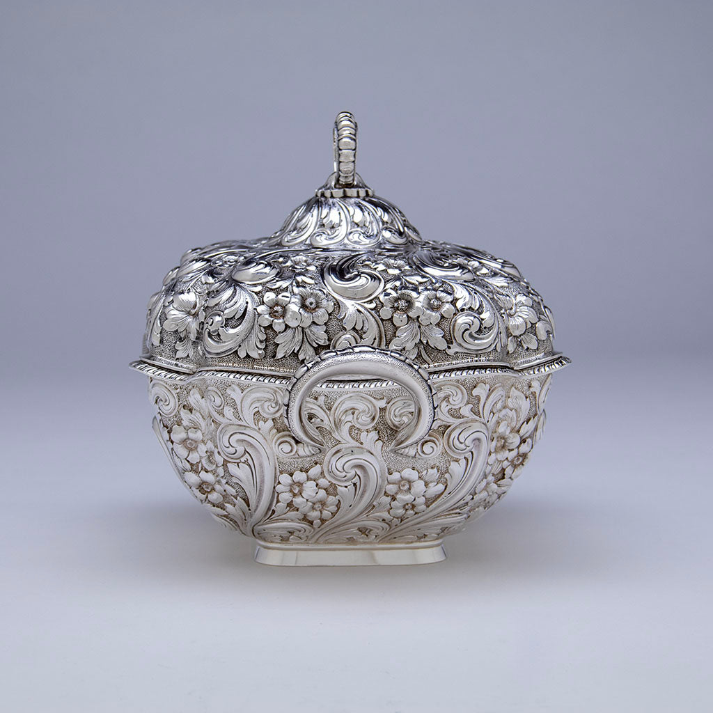 Side view of Dominick &amp; Haff(attr) Antique Sterling Silver Repousse Tureen, NYC, NY, c. 1884