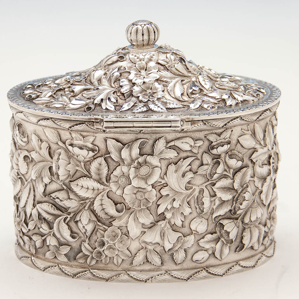 Back of American Antique Sterling Silver Repoussé Double Tea Caddy, retailed by JE Caldwell in Philadelphia, likely made by Samuel Kirk of Baltimore, c. 1890