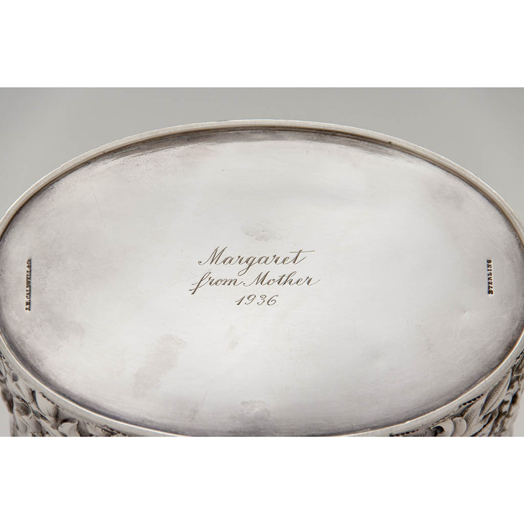 Bottom of American Antique Sterling Silver Repoussé Double Tea Caddy, retailed by JE Caldwell in Philadelphia, likely made by Samuel Kirk of Baltimore, c. 1890
