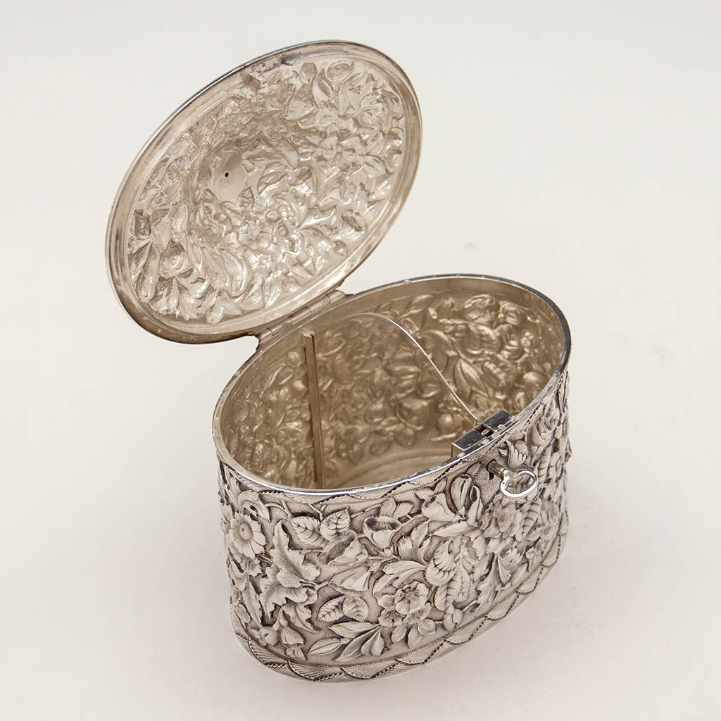 Interior of American Antique Sterling Silver Repoussé Double Tea Caddy, retailed by JE Caldwell in Philadelphia, likely made by Samuel Kirk of Baltimore, c. 1890