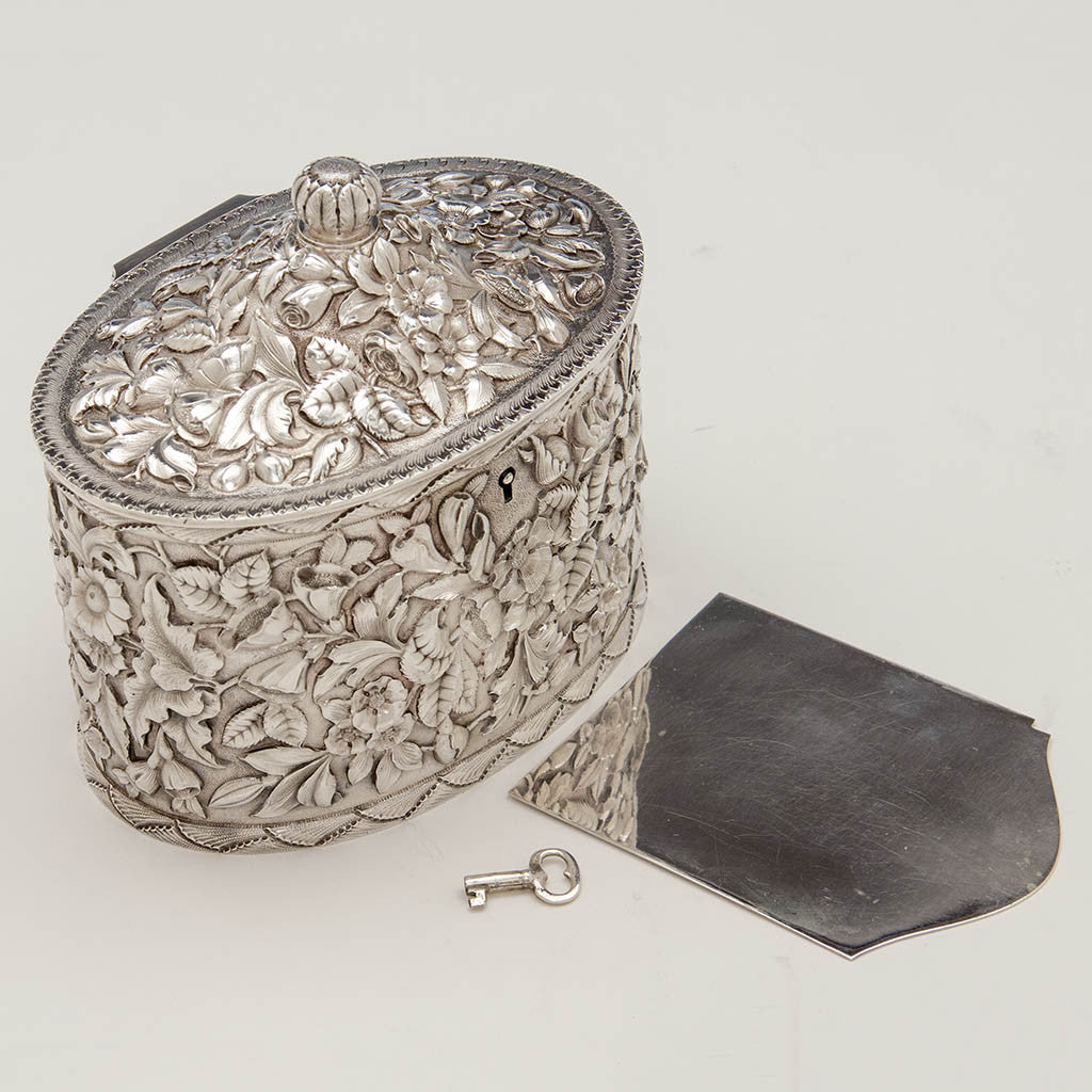 Parts to American Antique Sterling Silver Repoussé Double Tea Caddy, retailed by JE Caldwell in Philadelphia, likely made by Samuel Kirk of Baltimore, c. 1890