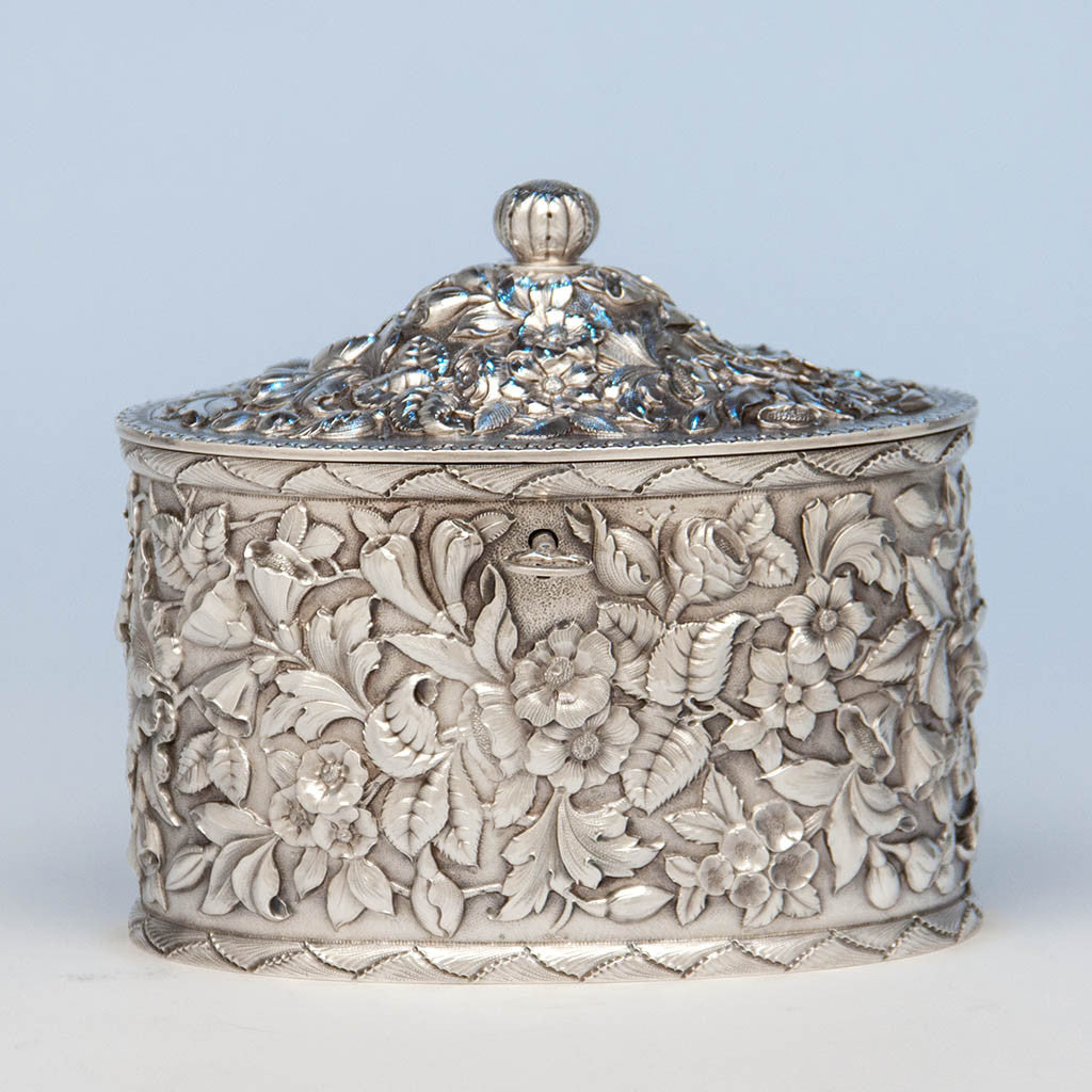 American Antique Sterling Silver Repoussé Double Tea Caddy, retailed by JE Caldwell in Philadelphia, likely made by Samuel Kirk of Baltimore, c. 1890