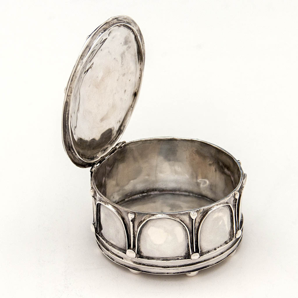 Interior of Elizabeth Copeland Rare Sterling Silver &amp; Enamel Covered Jewelry Box, Boston, c. 1920