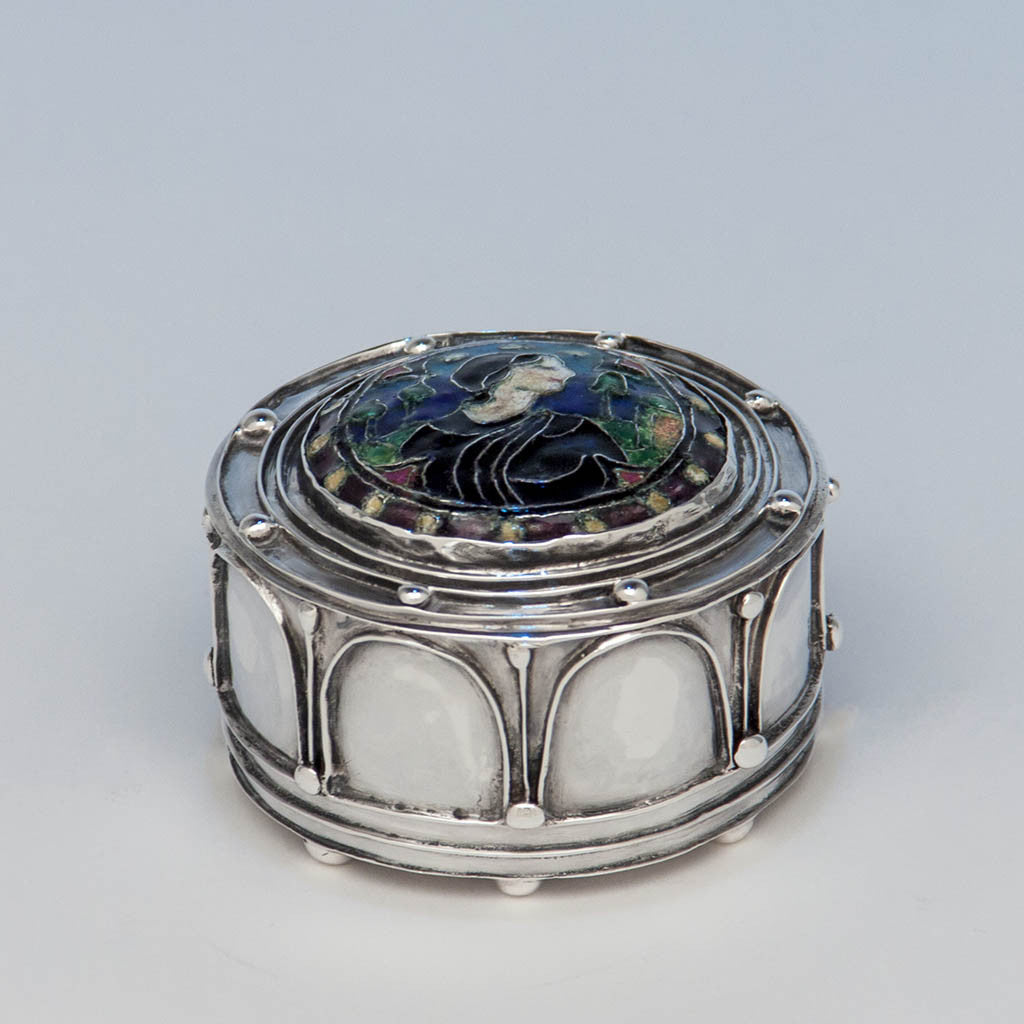 Side of Elizabeth Copeland Rare Sterling Silver &amp; Enamel Covered Jewelry Box, Boston, c. 1920