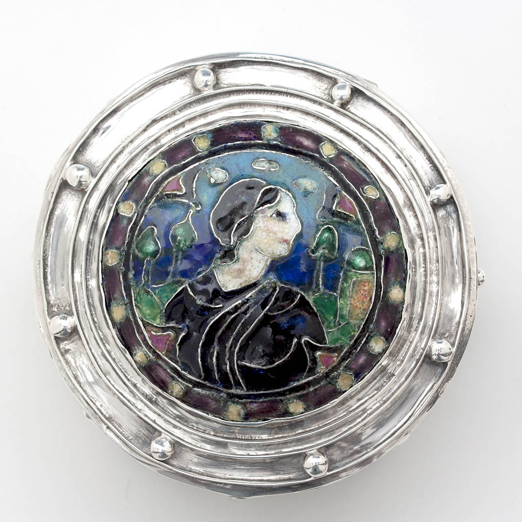 Elizabeth Copeland Rare Sterling Silver & Enamel Covered Jewelry Box, Boston, c. 1920
