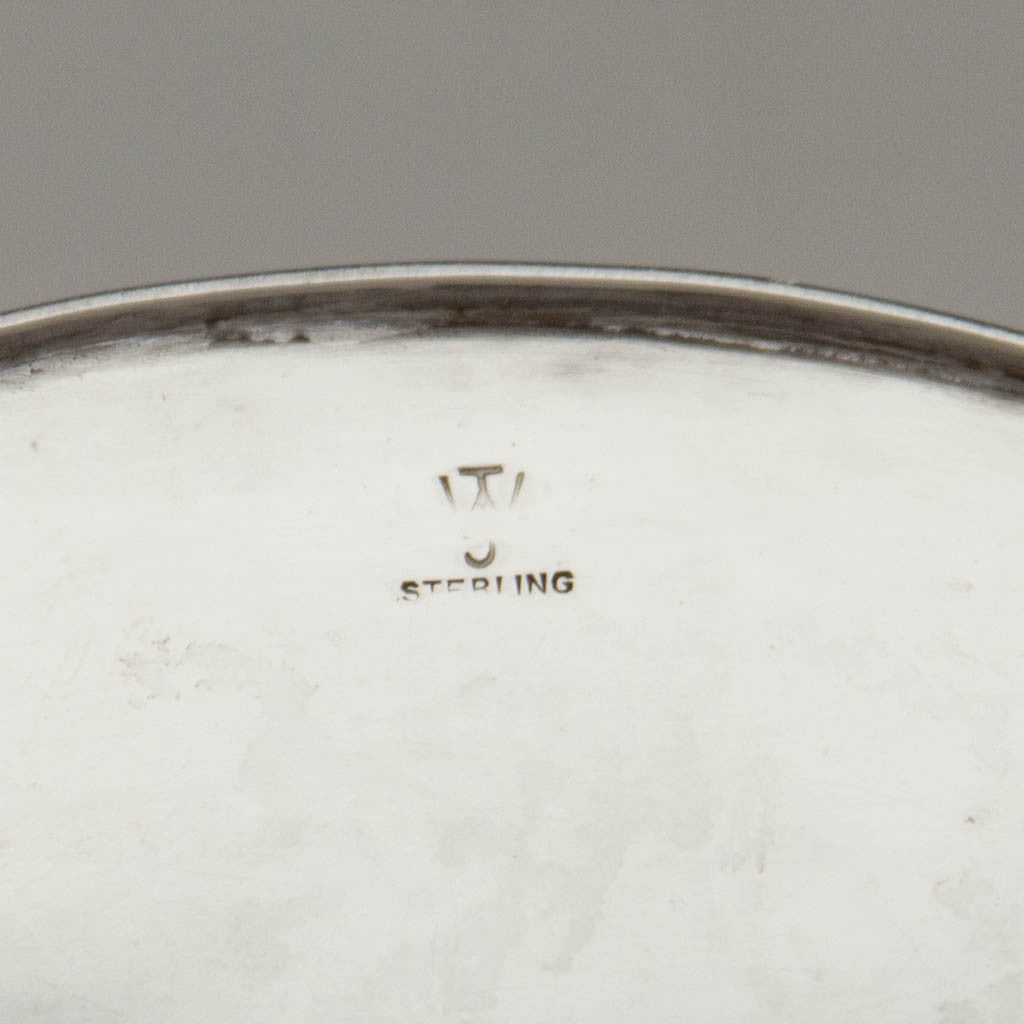 Marks on James T. Woolley Arts &amp; Crafts Sterling Silver Tea Caddy, Boston, early 20th century