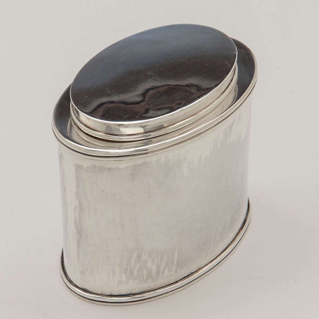 Top of James T. Woolley Arts &amp; Crafts Sterling Silver Tea Caddy, Boston, early 20th century