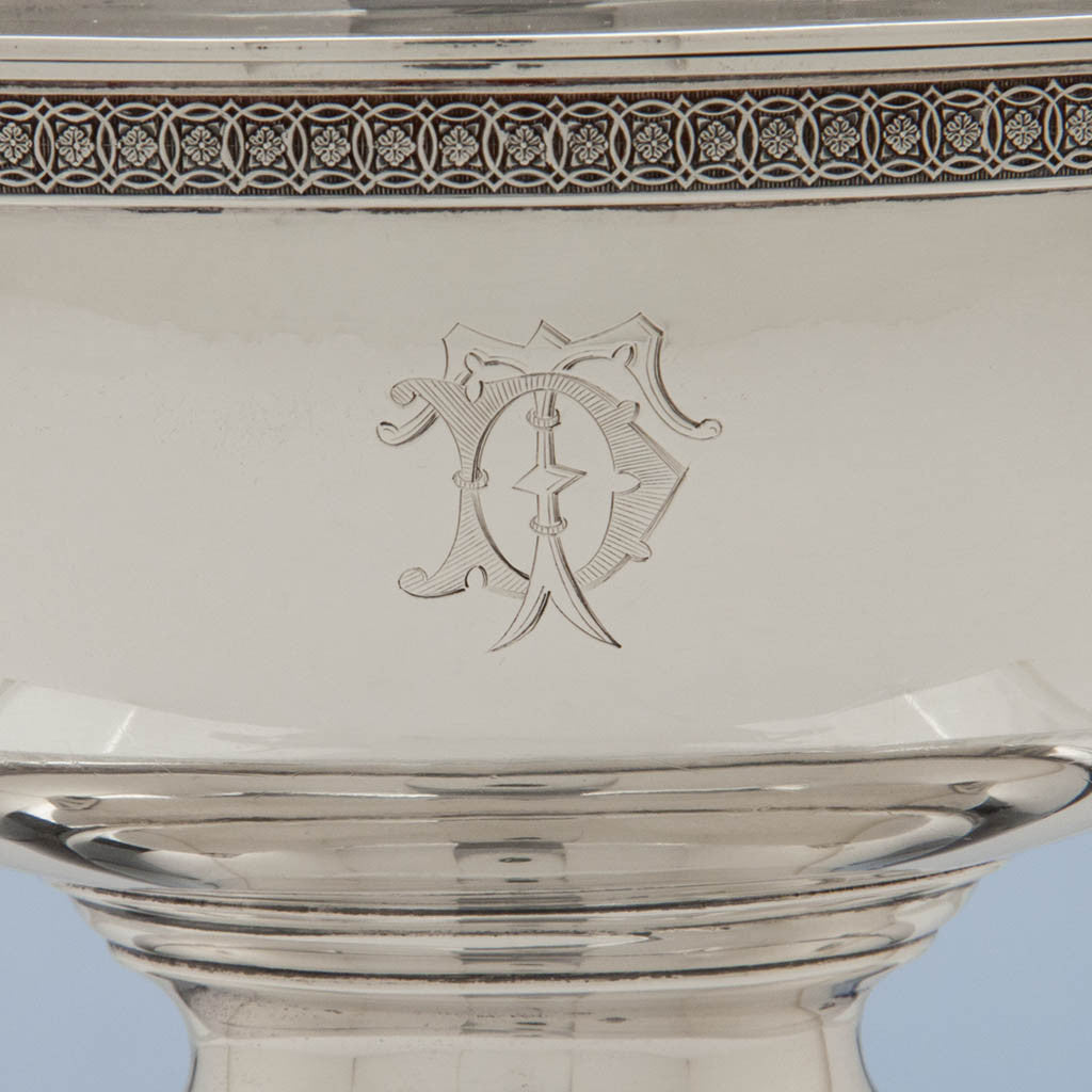 Monogram on Tiffany &amp; Co Pair of Antique Sterling Silver Tureens, New York City, 1870-75