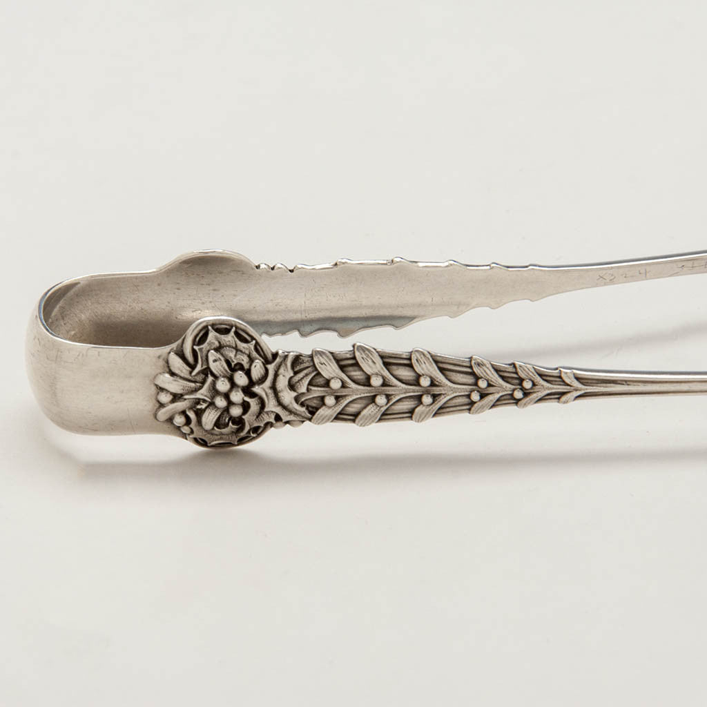 Detail of Tiffany &amp; Co &#39;Holly &amp; Mistletoe&#39; Pattern Antique Sterling Silver Sugar Tongs, c. 1900