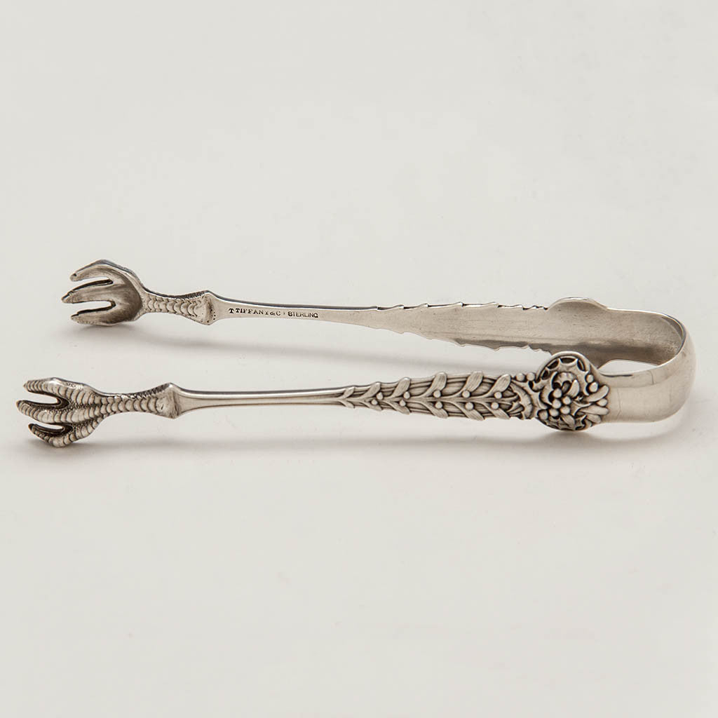 Side of Tiffany &amp; Co &#39;Holly &amp; Mistletoe&#39; Pattern Antique Sterling Silver Sugar Tongs, c. 1900