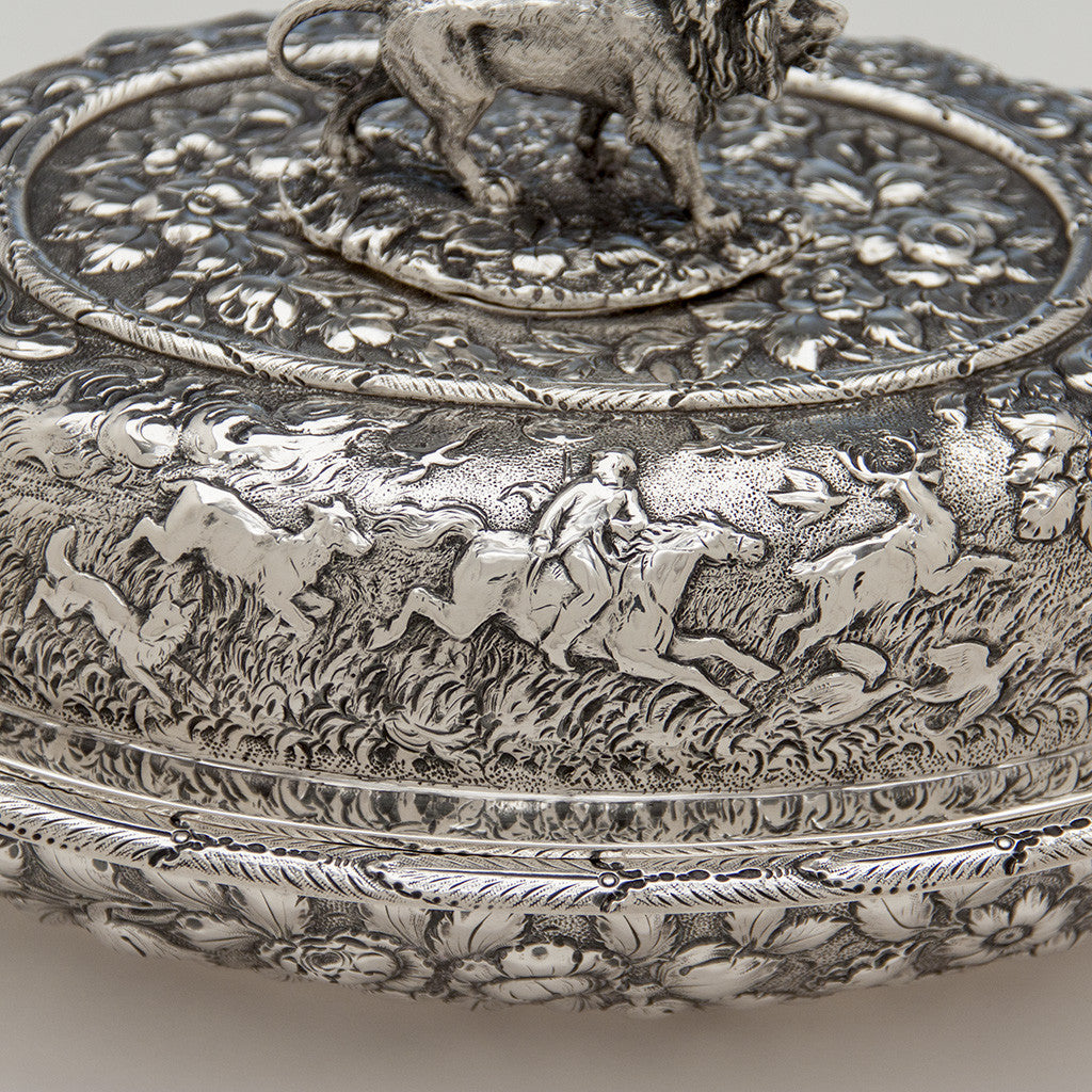 Repousse detail on S. Kirk &amp; Sons Rare Pair of 11oz Silver Covered &#39;Double-dish&#39; Entrée Servers, Baltimore, MD, 1861-68