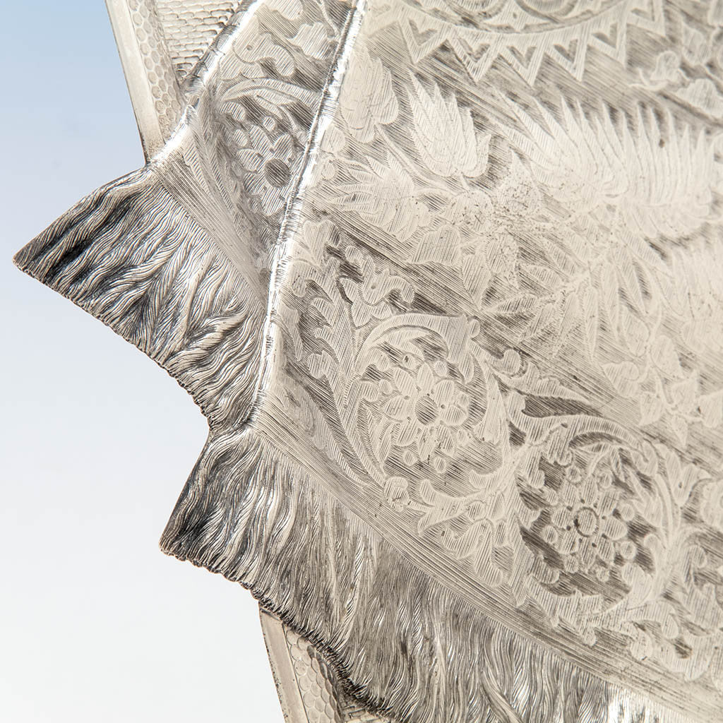 Napkin detail on Gorham Antique Sterling Silver Trompe l&#39;oeil Dish, Boston, 1881