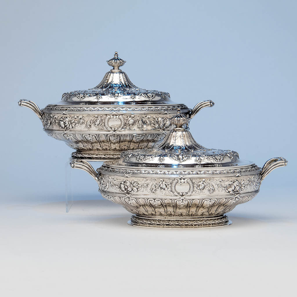 Gorham Rare Pair of Antique Sterling Silver 'Louis XVI' Vegetable Dishes, Providence, RI, 1907, 1911