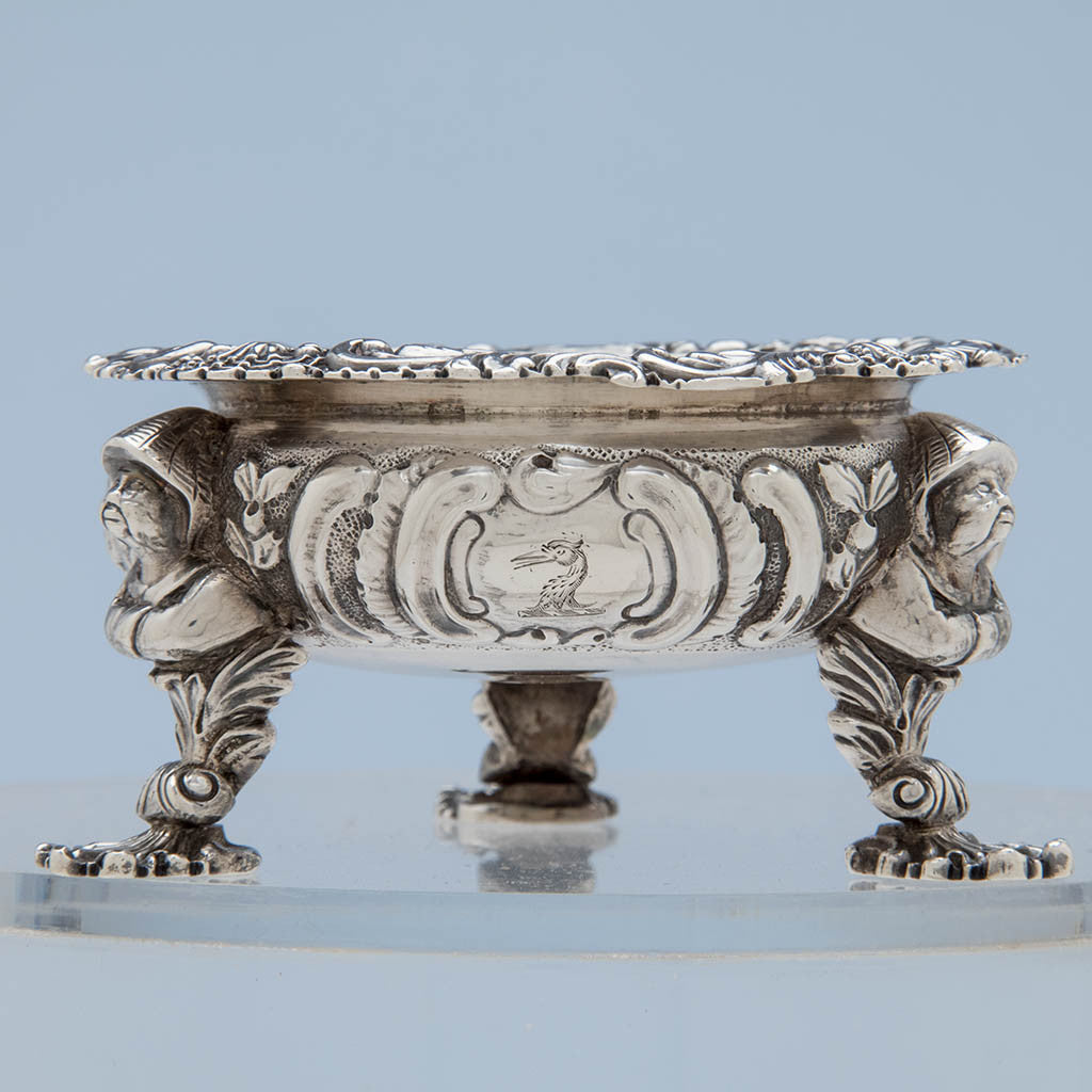 Crest on Rebecca Emes &amp; Edward Barnard George III Chinoiserie Sterling Silver Master Salts, London, 1818/19 - Set of 4 
