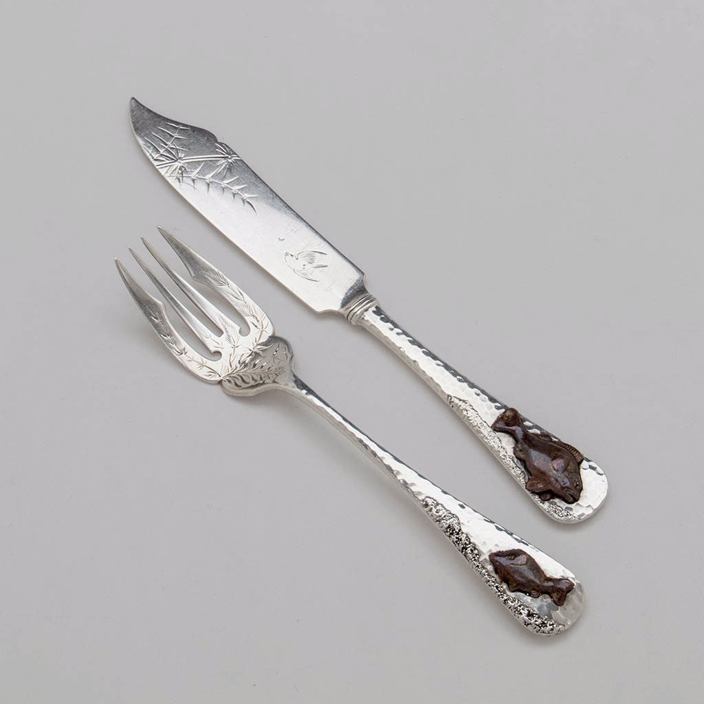 Gorham Nautical Theme Antique Sterling & Other Metals Mixed Metal Fish Knife and Fork, Providence, RI, c. 1880