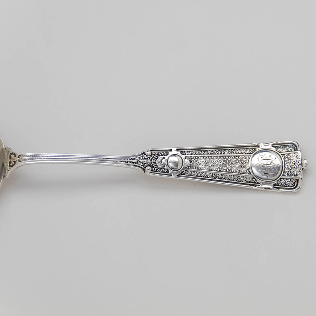 Detail of John Wendt / Charles Witteck &#39;Ribbon&#39; Pattern Antique Sterling Silver Sugar Sifter, New York City, c. 1875
