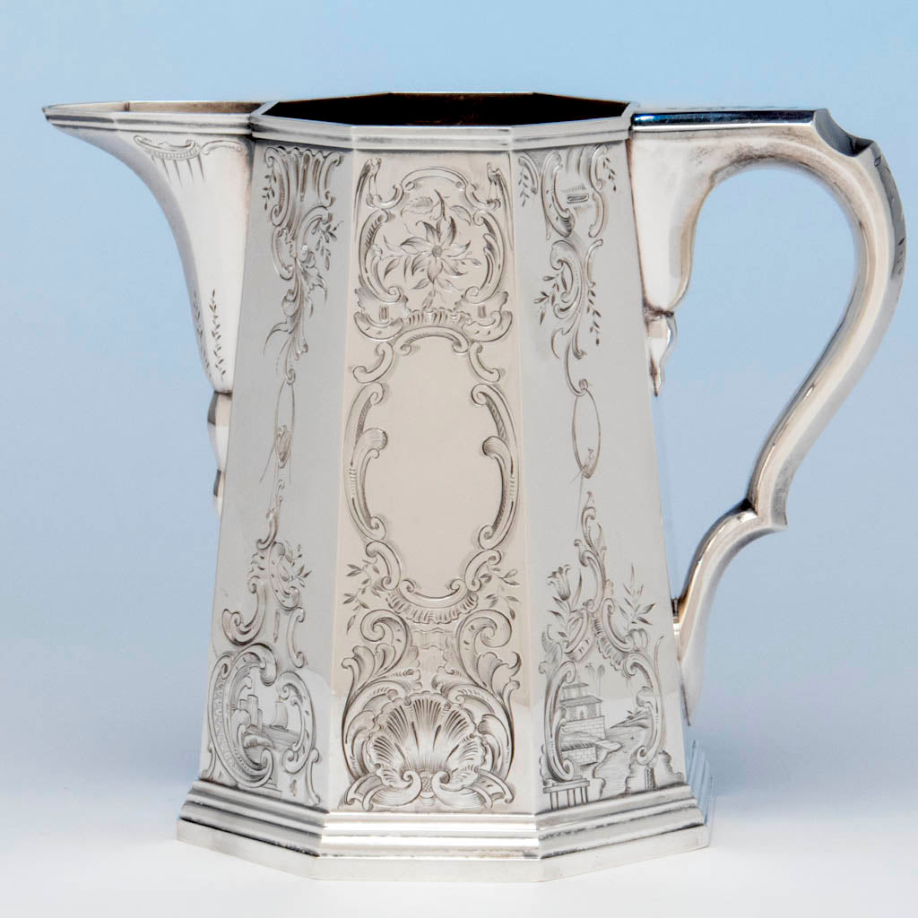 Reverse side of the Lows, Ball and Company, likely by Obadiah Rich, Antique Coin Silver Pitcher, Boston, MA, 1840-46